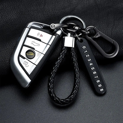 Woven Leather Keychain with Parking Phone Number Plate
