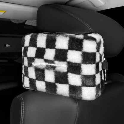 Plush Chessboard Car Headrest Tissue Holder Visor Hanging Organizer