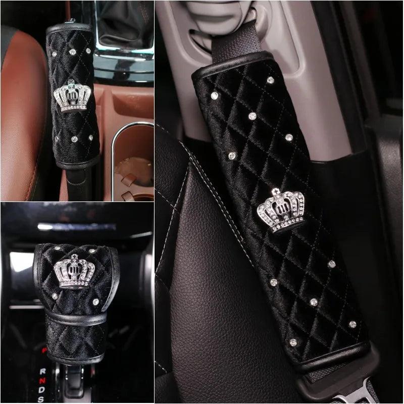 Black Plush Fur Diamond Crystal Crown Car Interior Accessory Set