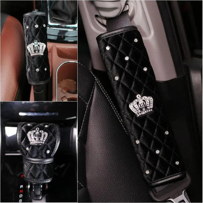 Black Plush Fur Diamond Crystal Crown Car Interior Accessory Set