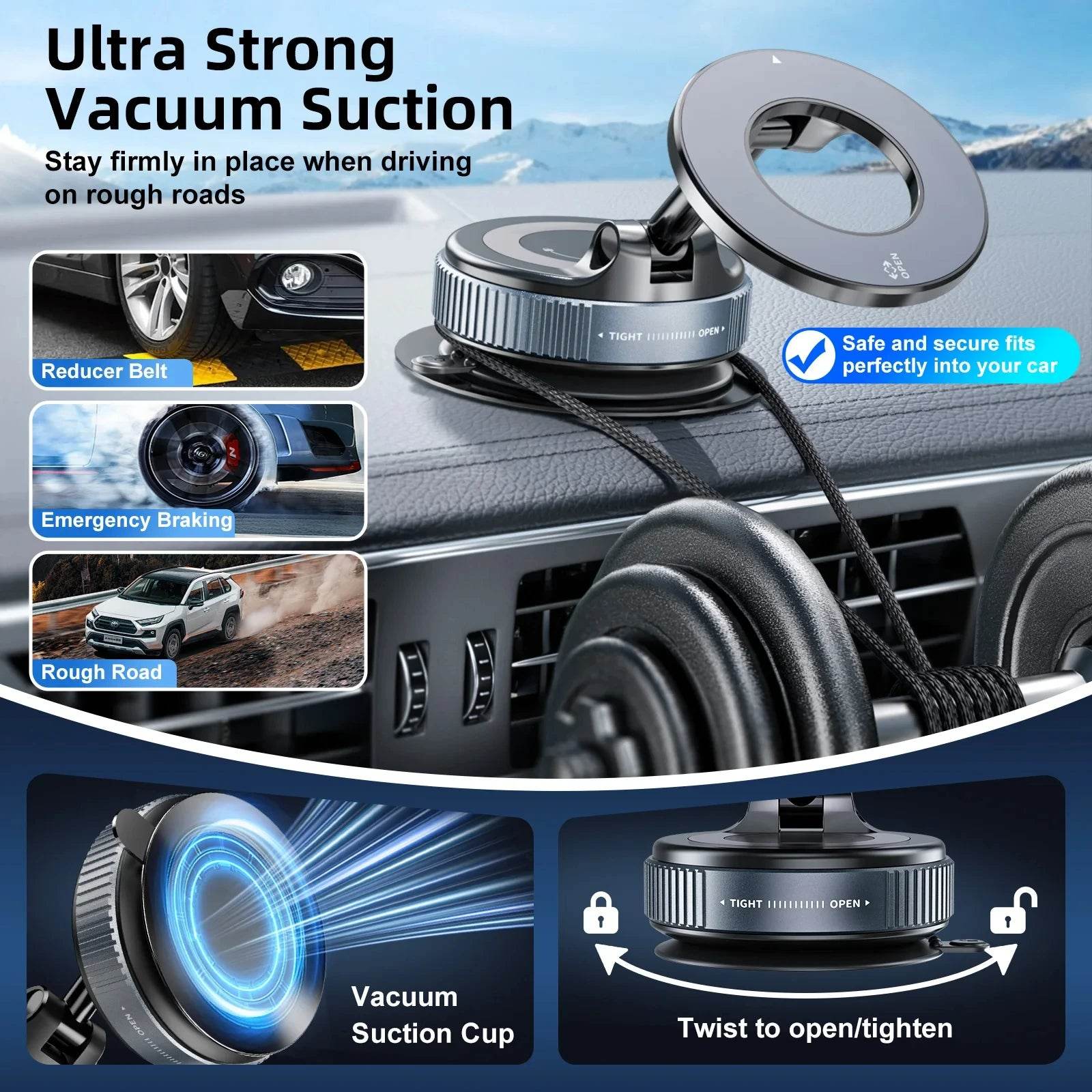 360° Magnetic Car Phone Holder – Vacuum Suction Mount - White