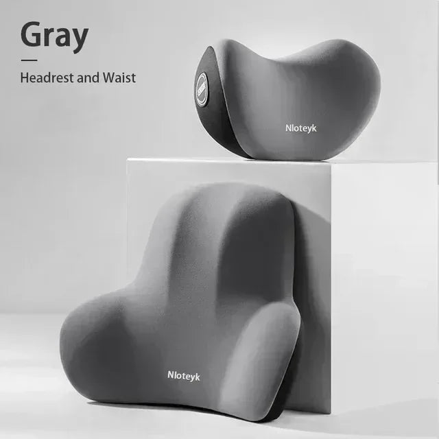 AutoComfort Memory Foam Headrest Lumbar Support Set Car Seat Cushion - 1 set gray