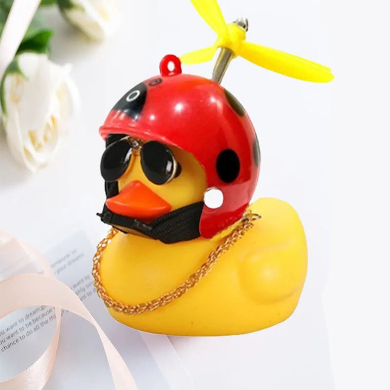 Yellow Car Duck with Helmet – Cute Broken Wind Pendant for Bike & Car Decoration - Type1