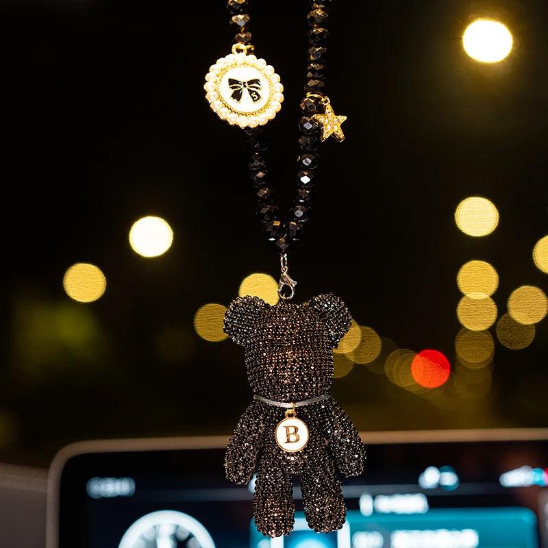 Diamond Crystal Bow Bear Car Mirror Pendant - Bling Auto Ornament
