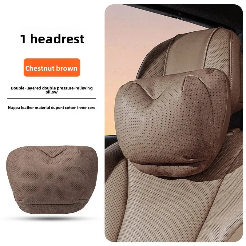 Leather Car Headrest Neck Pillow with Breathable Lumbar Support
