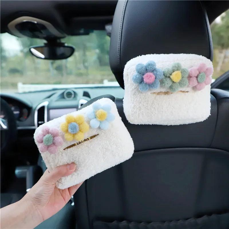 Cartoon Plush Flower Car Headrest Tissue Box Holder Visor Organizer