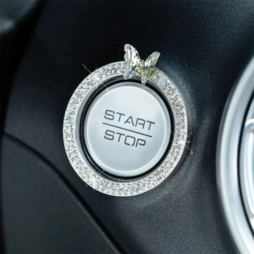 5PCS Diamond Crown Tire Valve Caps + Rhinestone Start Button Set