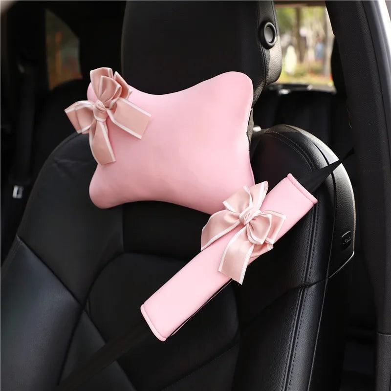Pink Bowknot Car Neck Pillow Universal Auto Headrest Cushion Women