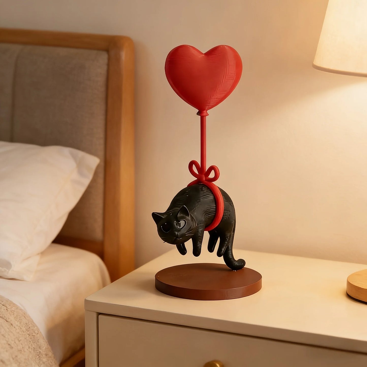 Floating Cat Statue With Heart Balloon Desk Ornament Gift