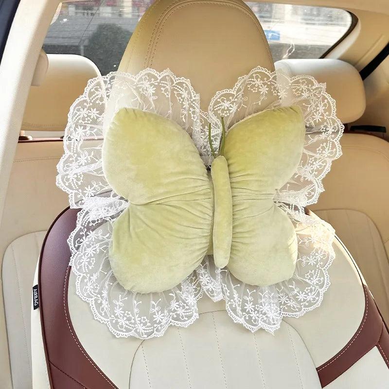 Plush Bow Lace Car Headrest Pillow - Soft Neck Support Cushion