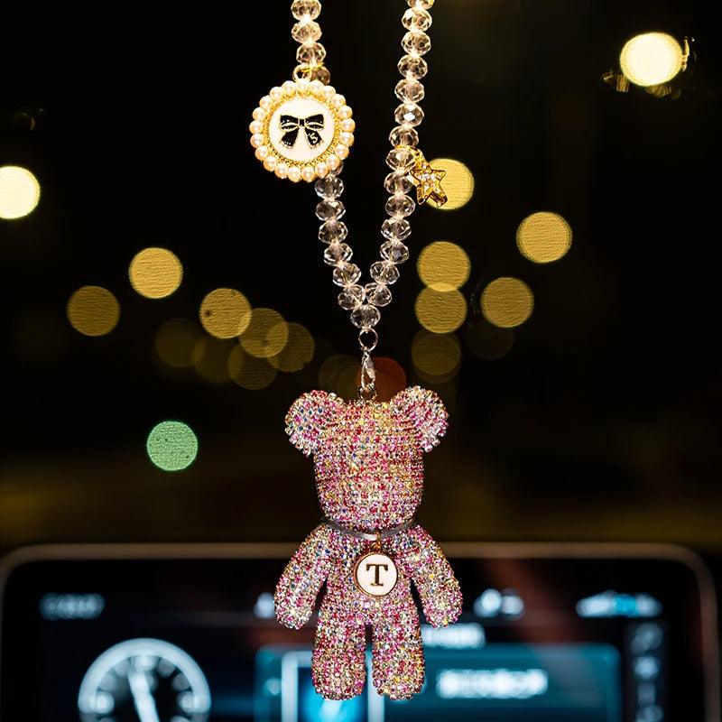 Diamond Crystal Bow Bear Car Mirror Pendant - Bling Auto Ornament