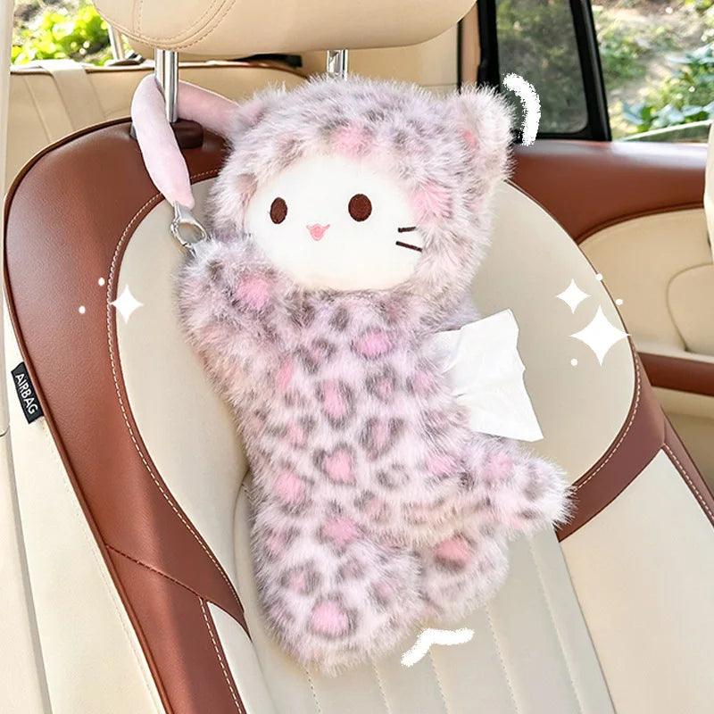 Leopard Print Cat Plush Universal Car Tissue Holder Hanging Doll