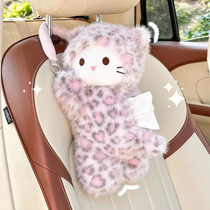 Leopard Print Cat Plush Universal Car Tissue Holder Hanging Doll