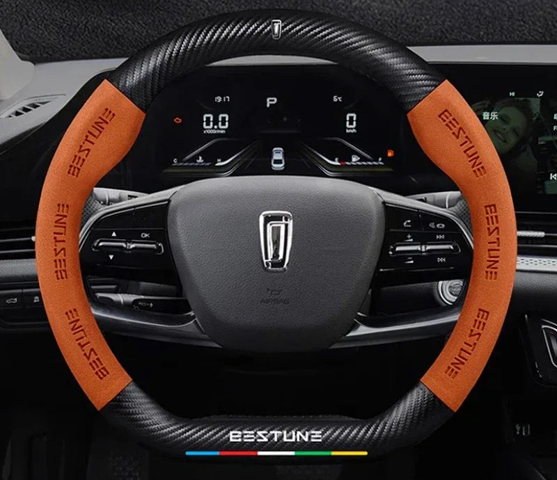 FAW Besturn Carbon Fiber Suede Steering Wheel Cover - D Black-Carbon+Suede