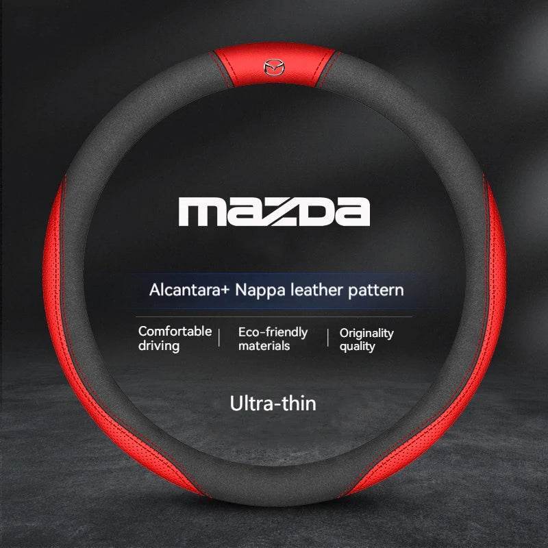 Mazda Suede Leather Car Steering Wheel Cover for SKYACTIV Series – Fits Mazda2, 3, 6, Axela, Atenza, CX30, CX5, CX8, CX9, MX5, RX7, RX8, BT50 - Style A white