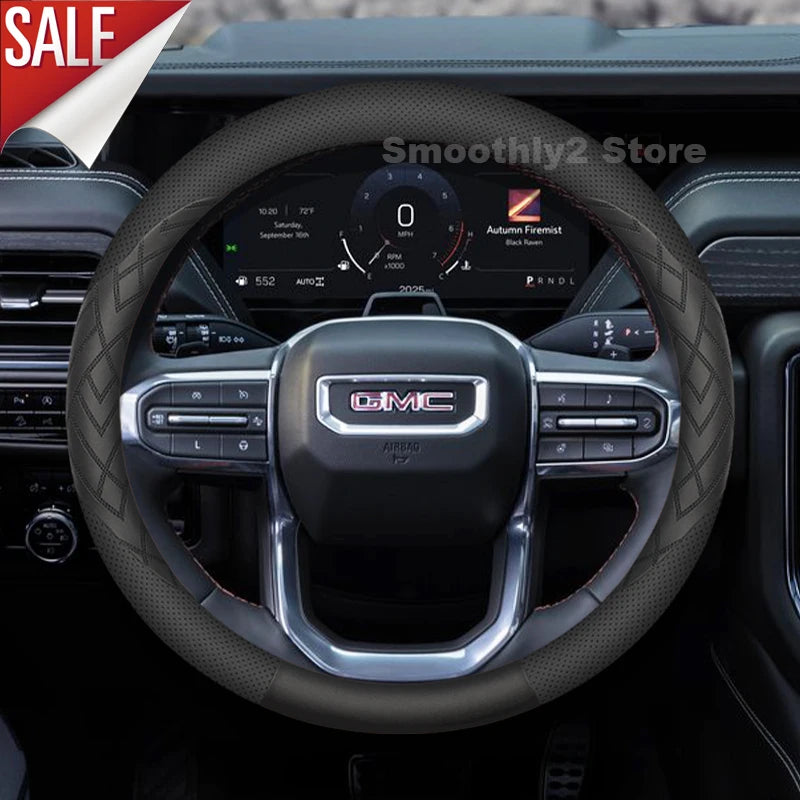 GMC Leather Steering Wheel Cover - Round Shape / Black