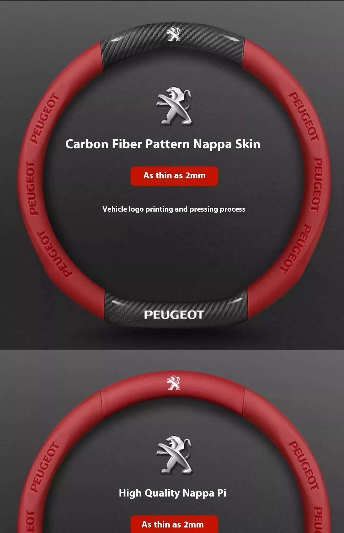 Peugeot Carbon Fiber Leather Steering Wheel Cover - Red Leather