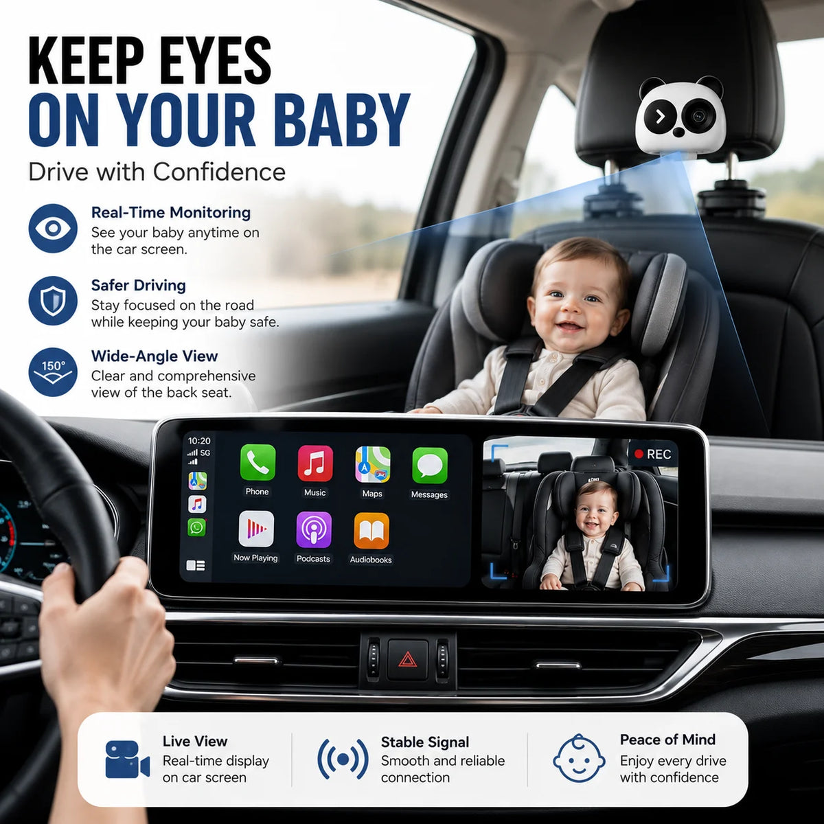 1080P Wireless CarPlay Baby Car Camera Monitor with Split-Screen Display