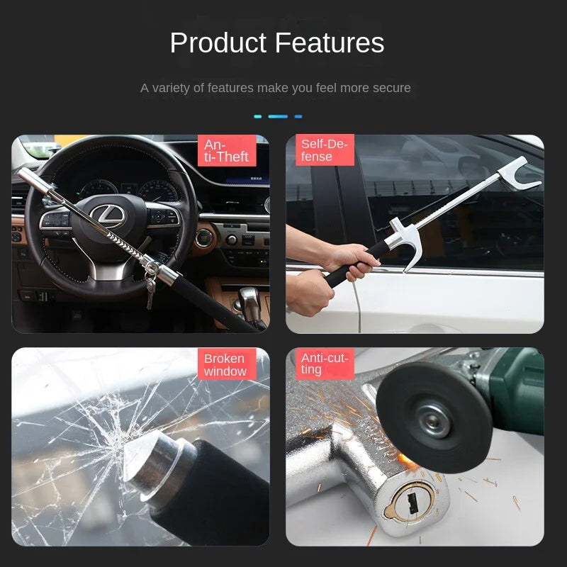 Steering Wheel Lock Anti-Theft Device Adjustable Double Hook Retractable Clamp
