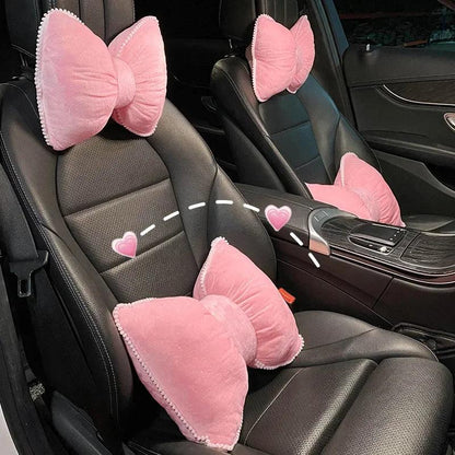 Pink Plush Bowknot Car Headrest Neck Pillow - Soft Cartoon Design