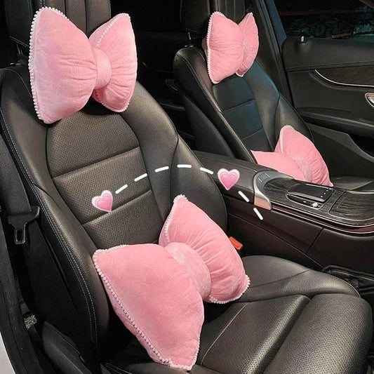 Pink Plush Bowknot Car Headrest Neck Pillow - Soft Cartoon Design
