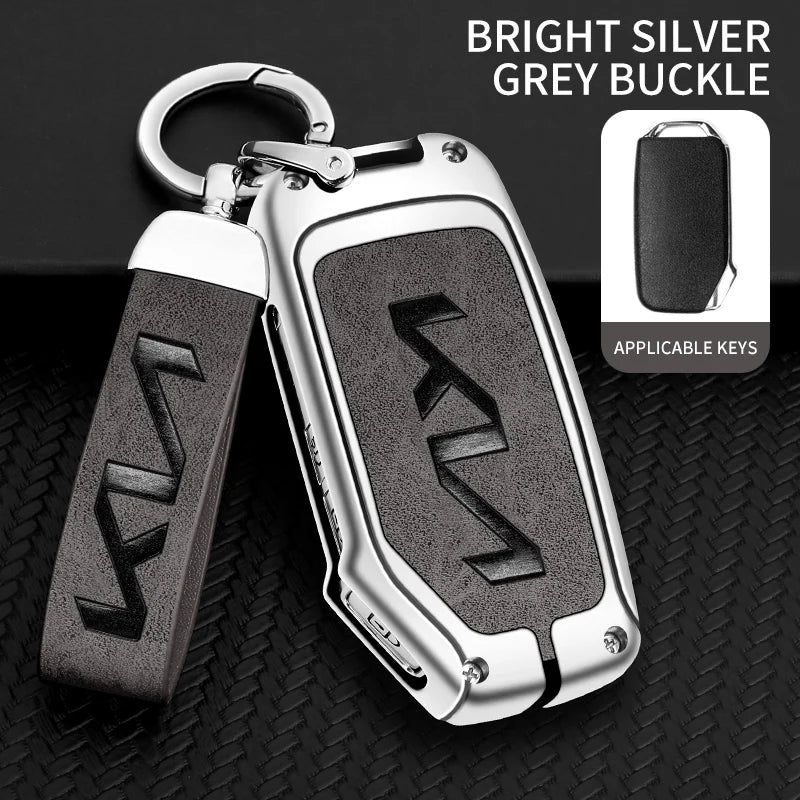 KIA Leather Alloy Remote Key Case Cover - E-silver gray chain