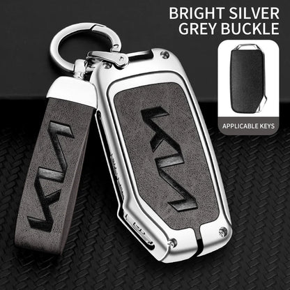 KIA Leather Alloy Remote Key Case Cover - E-silver gray chain