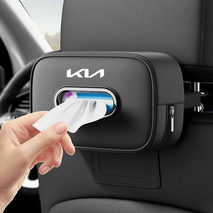KIA Leather Tissue Box Holder & Back Seat Storage Bag - Black