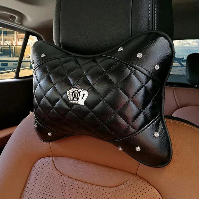 Crystal Crown Leather Car Neck Pillow - Bone Shape Headrest Support