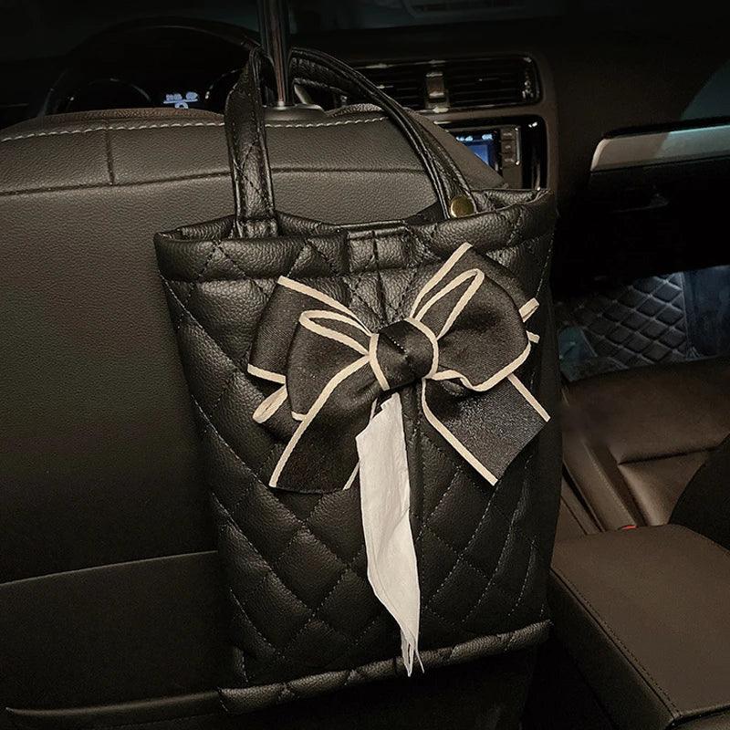 Silk Ribbon Bowknot Car Headrest Tissue Holder - Hanging Towel Bag
