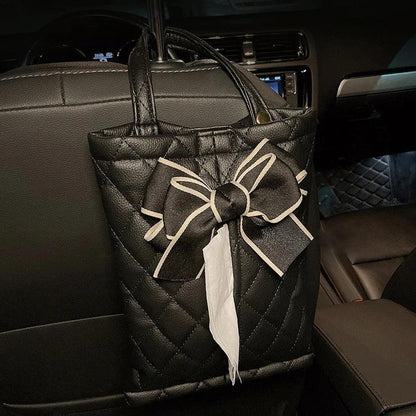 Silk Ribbon Bowknot Car Headrest Tissue Holder - Hanging Towel Bag