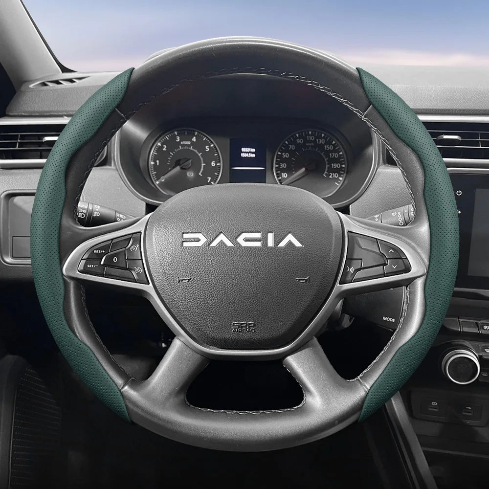 Dacia Breathable Leather Steering Wheel Cover - Round Shape / 2-Piece Set / Green