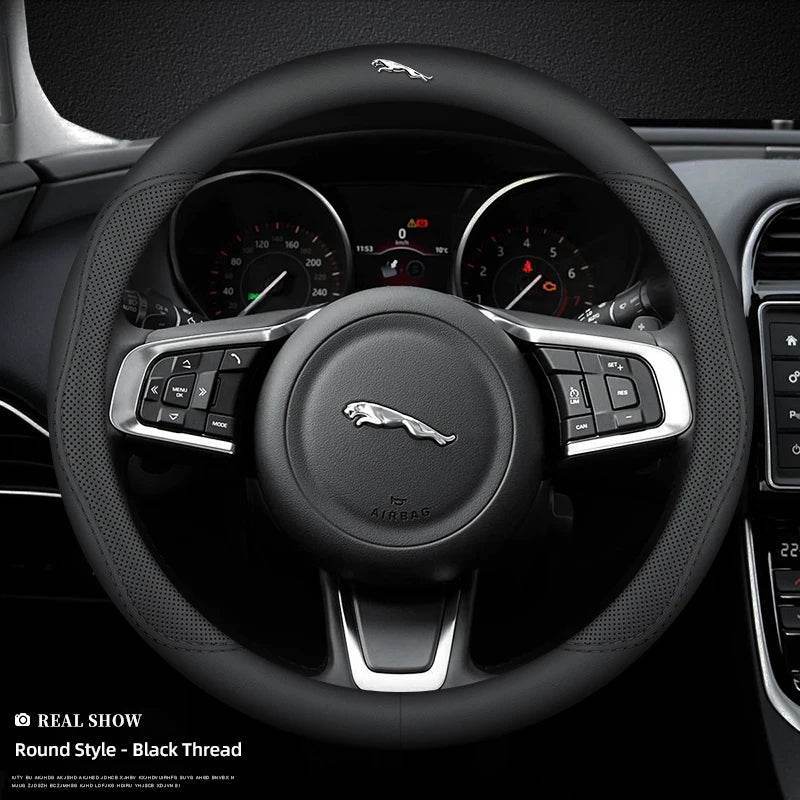 Jaguar Leather Steering Wheel Cover – Anti-Slip Interior Accessory Fits XF, XJ, XE, F-Pace, E-Pace, XFL, XJL, XKR, XJ6 & More - Round-Bicolor Line