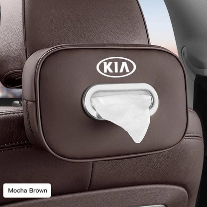 KIA Leather Tissue Box Holder & Back Seat Storage Bag - Brown - KIA