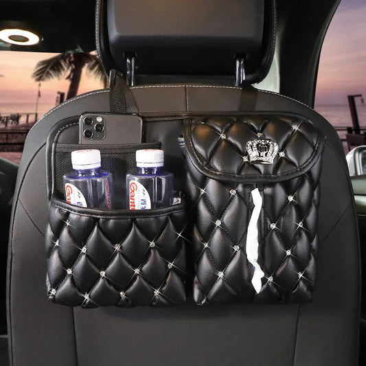 Rhinestone Crown Leather Car Seat Organizer Storage Bag Tissue Holder
