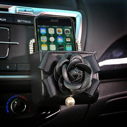 Crystal Diamond Camellia Car Vent Organizer Phone Holder Trash Box