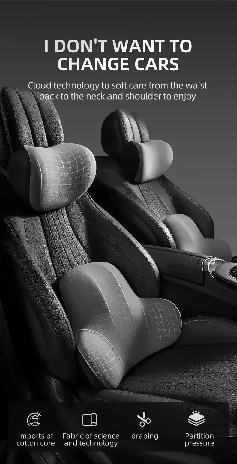 AutoComfort Memory Foam Headrest Lumbar Support Set Car Seat Cushion - headrest black