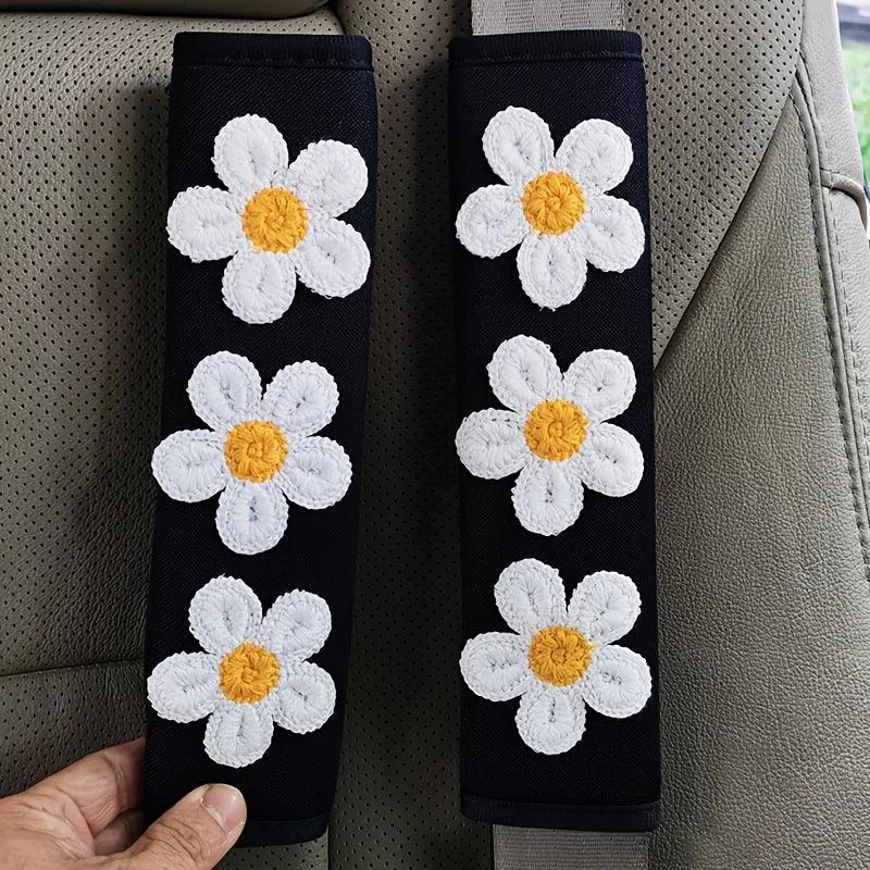 Ice Silk Pink Flower Seat Belt Shoulder Pads - 2pcs Car Safety Set