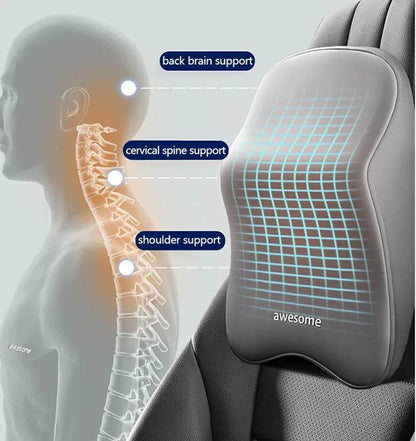 Ergonomic Car Lumbar & Neck Support Pillow Set – Memory Foam Cushion for Back & Headrest - Black Set