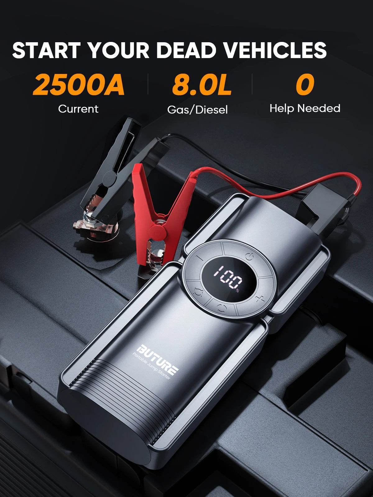 Buture 4-in-1 2500A Car Jump Starter – 150PSI Air Compressor, 20000mAh Power Bank, Digital Tire Inflator - 