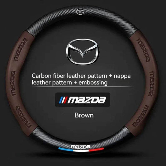 Mazda Carbon Fiber Leather Steering Wheel Cover – Fits 3, 5, 6, CX-5, CX-30, MX-5, RX-8, BT-50 - Carbon fiber