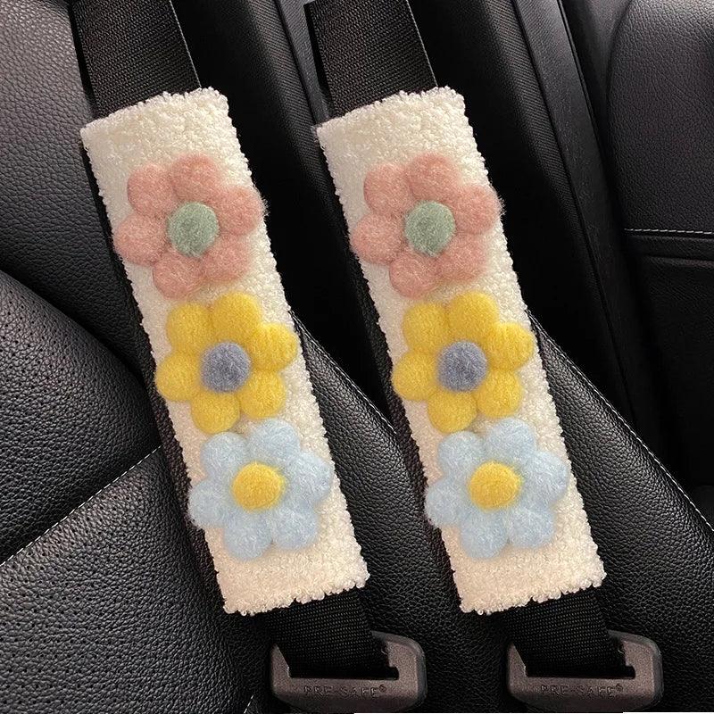 Plush Lamb Car Seat Belt Shoulder Pads - Soft Flower Design