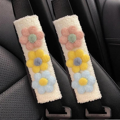 Plush Lamb Car Seat Belt Shoulder Pads - Soft Flower Design