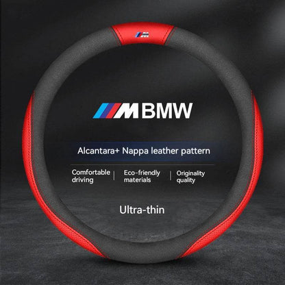 BMW Carbon Fiber Suede Leather Steering Wheel Cover for M Series , X1, X3, X5, X6, E39, E46, E87, E90, E92, F10, F15, F25, F30 - O-M Style B black