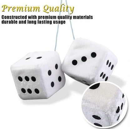 Fuzzy Dice Car Mirror Hanging Decoration – Soft Plush Rear View Ornament - White