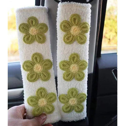Plush Flower Seat Belt Shoulder Pads - 2pc Women's Car Interior