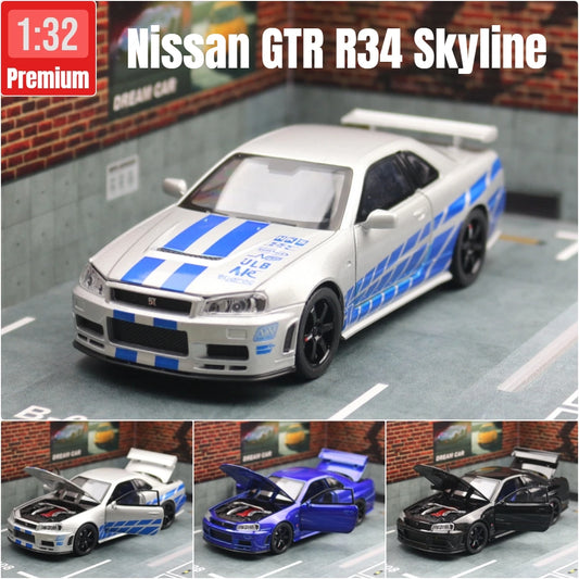 Nissan Skyline GTR R34 – 1:32 Diecast Car Toy with Light & Sound - Standard Silver