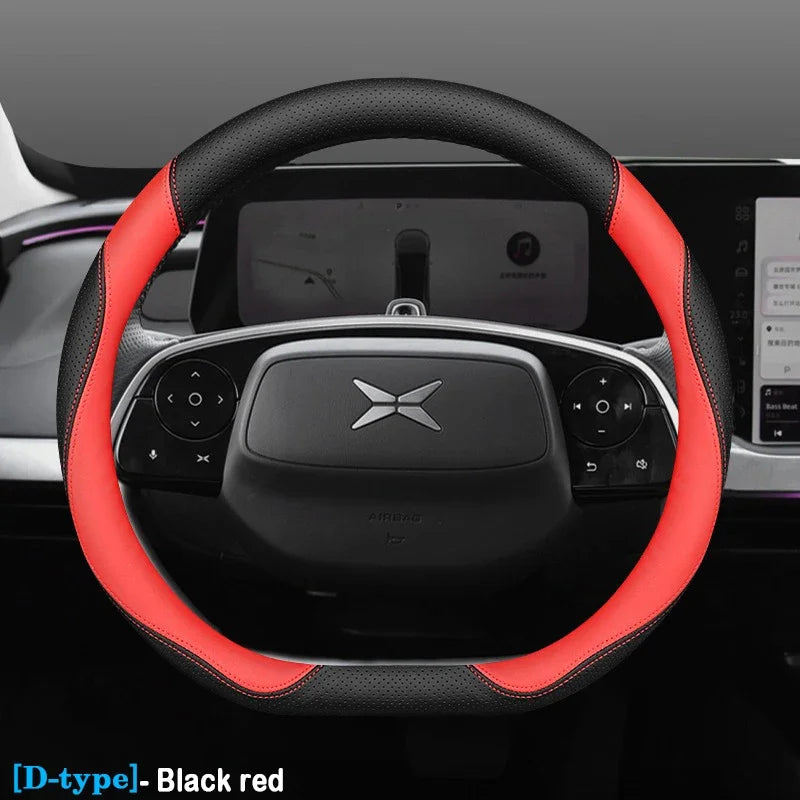 XPeng Ultra-Thin Leather Steering Wheel Cover - D Shape / Black & Red