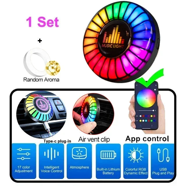 RGB Car Air Freshener with Sound-Reactive LED Lights, 26 Colors