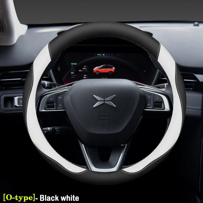 XPeng Ultra-Thin Leather Steering Wheel Cover - Round Shape / Black & White